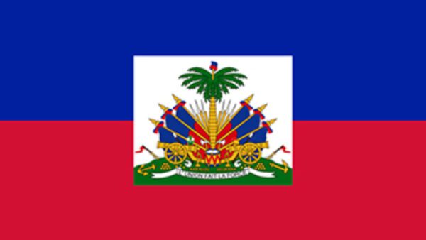 A flag of haiti in blue and red color with the coat of arms on it.