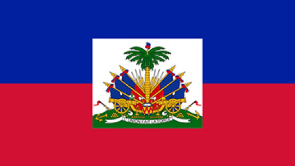 A flag of haiti in blue and red color with the coat of arms on it.